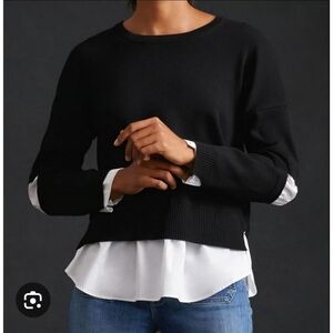 Anthropologie Black Layered-Look Sweater with White Shirt Hem